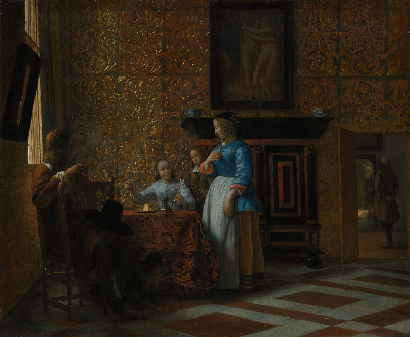 A wealthy family prepares for a meal in a golden room, their elegant table illuminated by a window. Off in the shadows, a beggar is turned away at the door.