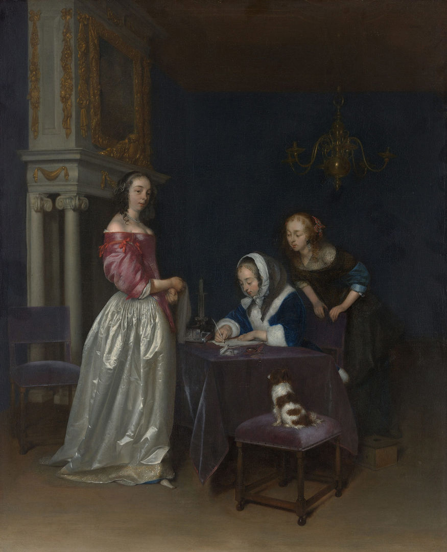 Three elegant women crowd around a table. One writes a letter with a feather quill while another looks over her shoulder. The third looks at the viewer, and a dog sits on a velvet stool nearby.