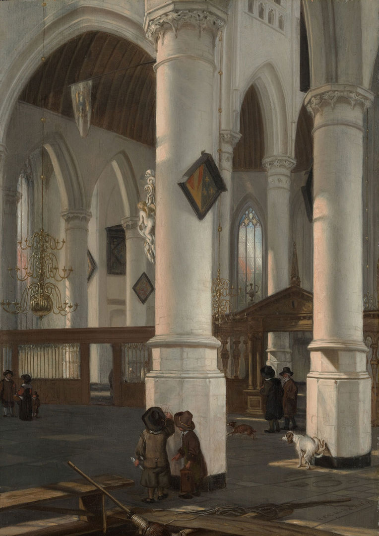 A whitewashed church lacks sculptures and paintings, but is filled with people going about their day, walking and talking. Two children write on the walls and a dog urinates nearby.