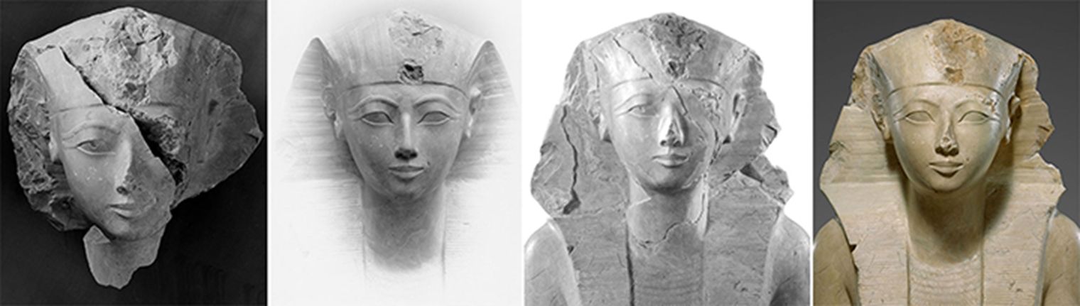 A digitally-produced composite of four images of the same marble face statue shown in four different states of repair. Overall, each statue has cat-like slanted eyes like tapering, sharp teardrops and a straight mouth with almost identical upper and bottom lips whose edges turn slightly upward with the small hint of a smile. From left to right: the first statue has a blunted, eroded nose and a large, deep gash ripping across its right eye, splitting the face into two halves; the second statue has a perfectly carved nose and showcases a new sleekly edged addition: a striped head cloth represented in limestone; the third statue has a slight slash across the right eye and bears small, surface jagged cuts while an eroded striped head cloth recedes into craggy rock; the fourth statue looks like a composite of the previous three: its nose remains eroded as in the first image and the head cloth is visible yet bears signs of erosion.