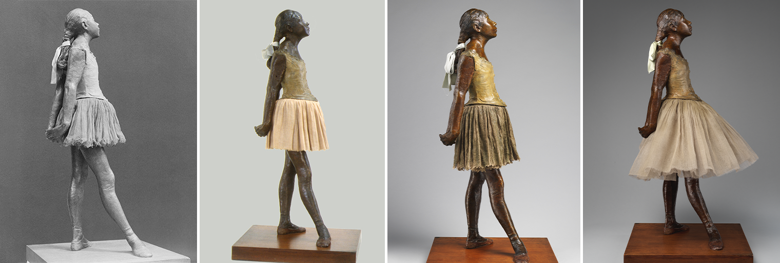 A composite of four consecutive images of the same bronze statue of a young adolescent ballerina shown in four different states of conservation. The four images show the ballerina in the same profile-view of her standing in third position with her right foot pointed and in front of her on a square platform of brown wood set against grey backgrounds. She looks forward with her face slightly tilted upwards. Her hair is tied back into a braid a quarter-way down her back, tied with a silk ribbon that seems to shift in color across all images. Each image features a different skirt, the only piece of cloth on the bronze statue aside from the hair ribbon.