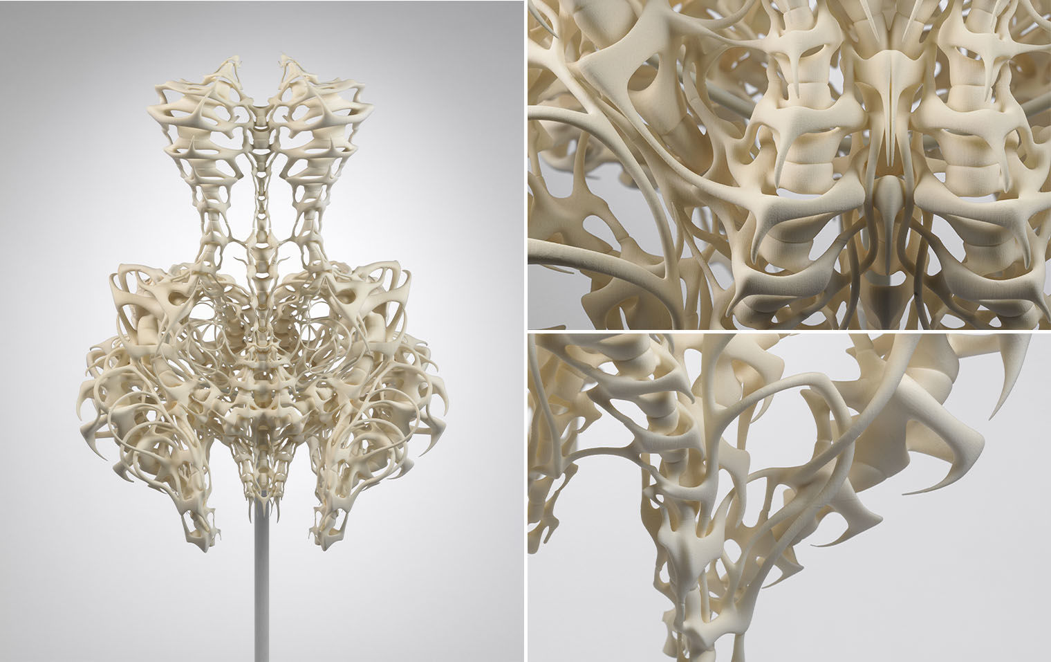 A composite of three photographs: one full-height vertical photograph on the left adjacent to two smaller stacked horizontal photographs that occupy the same height as the photograph on the right. The left-hand photograph shows a dress shaped like a human skeleton of white chalky bones like thin and thick coils warped into a sharp and sinuous ensemble suspended on a grey pole. Two smaller, stacked close-up images on the right show details of the dress’s ivory-colored material which mimics human bones.