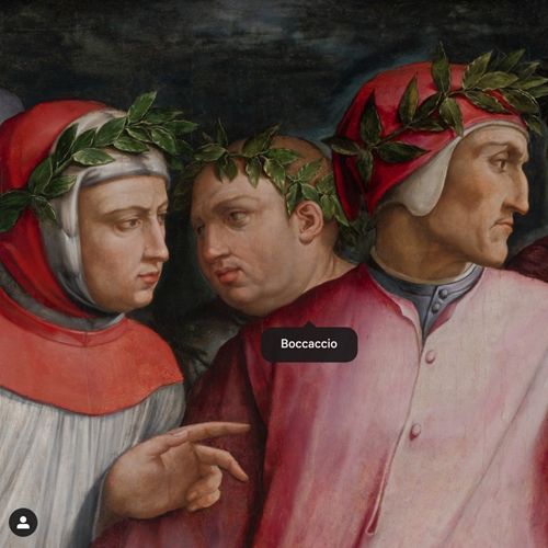 Detail of a painting of six poets featuring the poet Boccacio wearing a laurel wreath around his head and appearing behind and between portraits of Petrarch and Dante