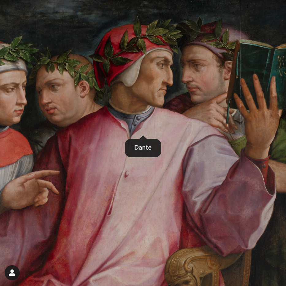 Detail of a painting of six poets featuring the poet Dante wearing a laurel wreath around his head and holding a book open