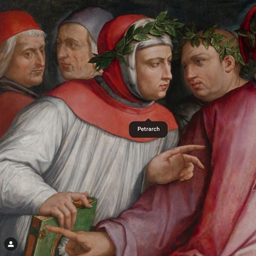 Detail of a painting of six poets featuring the poet Petrarch leaning in and gesturing towards Dante as if to get his attention