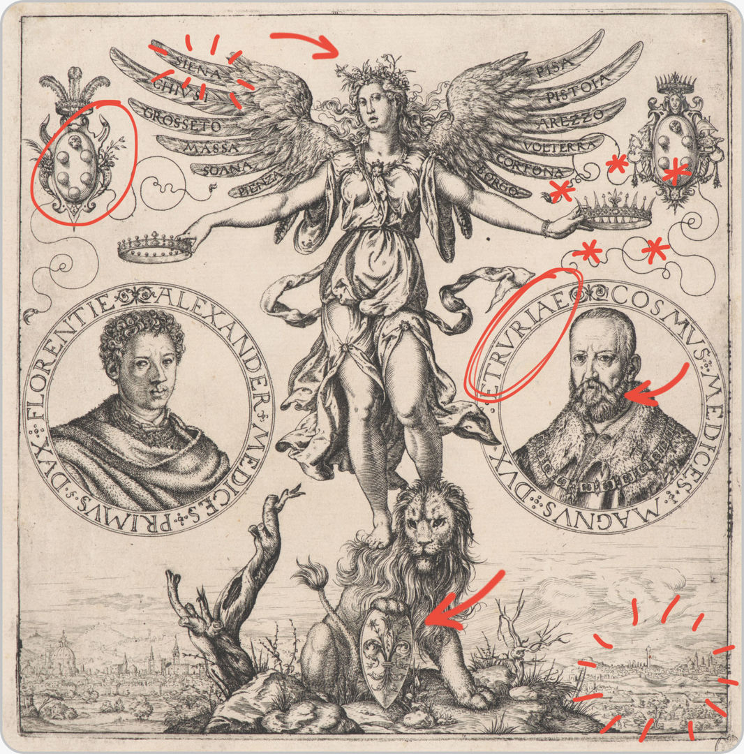 Image of the full engraving depicting a winged female figure standing atop a lion while placing crowns atop medallion portraits of two male figures; the artwork engraving includes red mark-ups that are not original to the artwork and have been added digitally to point out details in the image