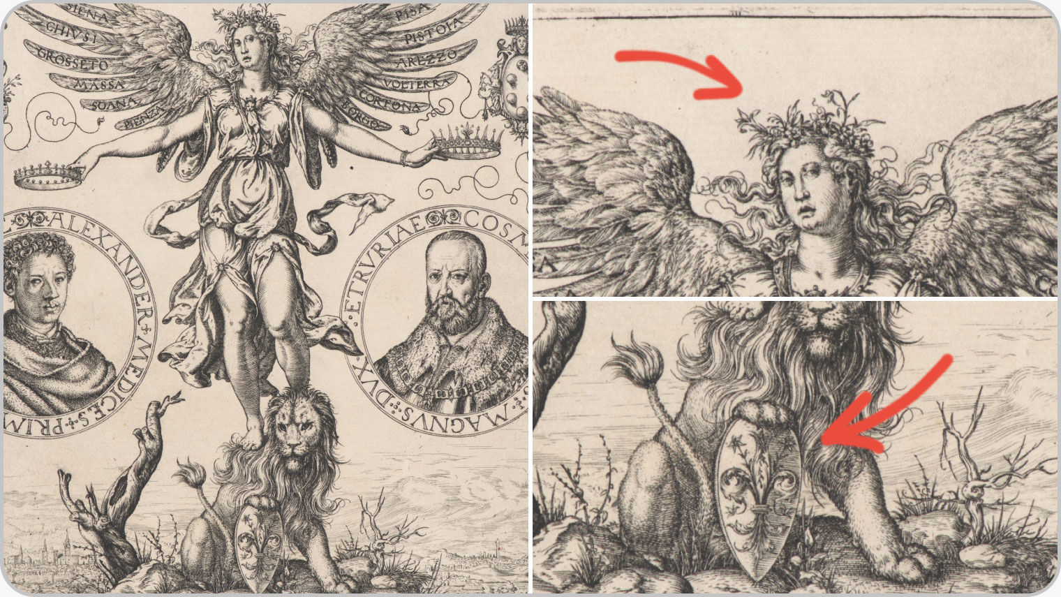 Detail of an engraving; red mark-ups that are not original to the artwork have been added digitally to point out details in the image such as the lilies in female figure’s hair as well as the lion’s shield