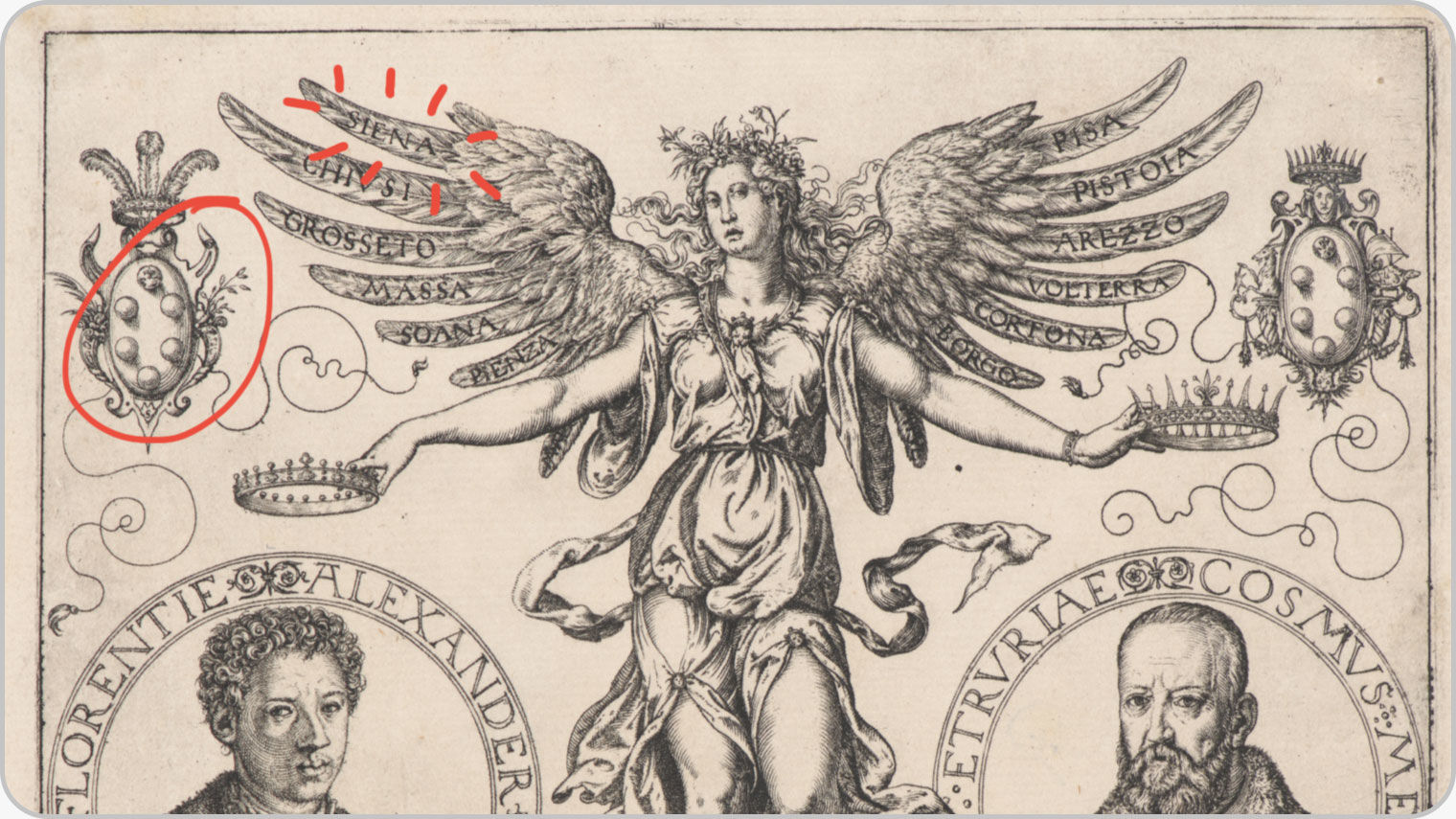 Detail of an engraving; red mark-ups that are not original to the artwork have been added digitally to point out details in the image such as the Medici coat of arms and the city name of Siena written atop one of the feathers of the female figure’s wings