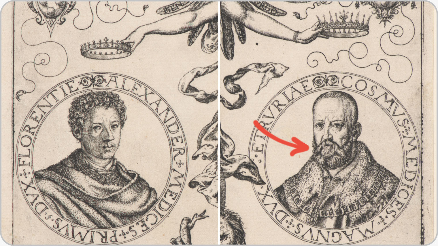 Detail of an engraving; red mark-ups that are not original to the artwork have been added digitally to call out the difference in age between the portraits on the left and right by pointing to the right-hand subject’s beard