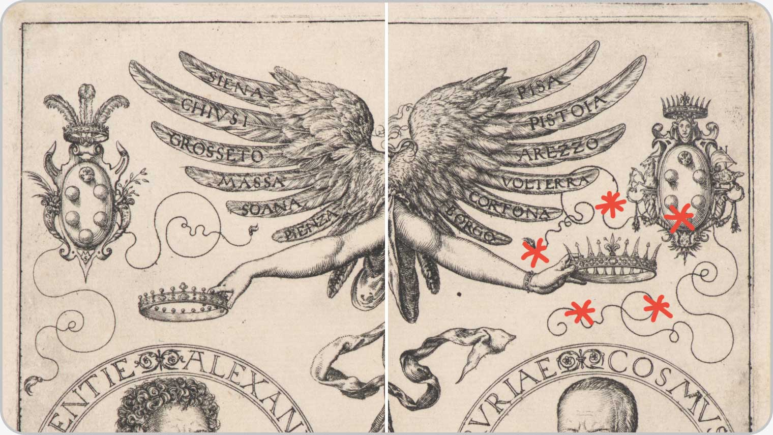 Detail of an engraving; red mark-ups that are not original to the artwork have been added digitally to point out the difference between the bedazzled crown on the right and the simpler crown on the left