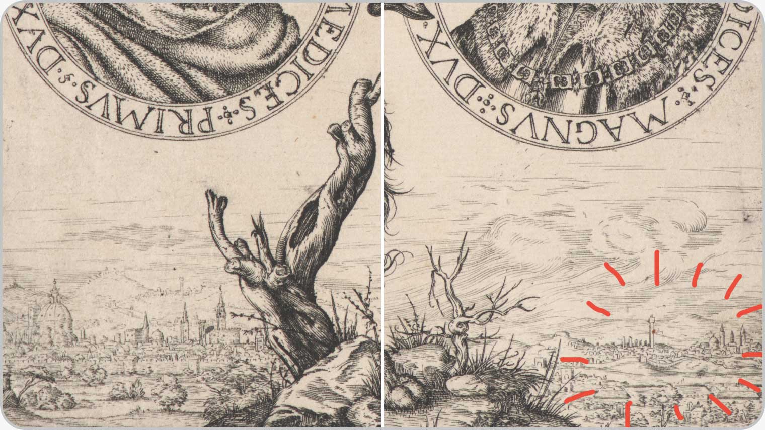 Detail of an engraving; red mark-ups that are not original to the artwork have been added digitally to call out the city vista of Siena depicted on the right, compared with the city vista of Florence on the left