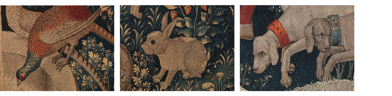 A composite image of three details of animals from the Unicorn Tapestries. In the first image, an exotic bird drinks leans over to drink water from a fountain. In the second image, a rabbit sits with alert ears among a cluster of leafy and floral plantings. And in the third image, two collared dogs sniff and survey low to the ground.