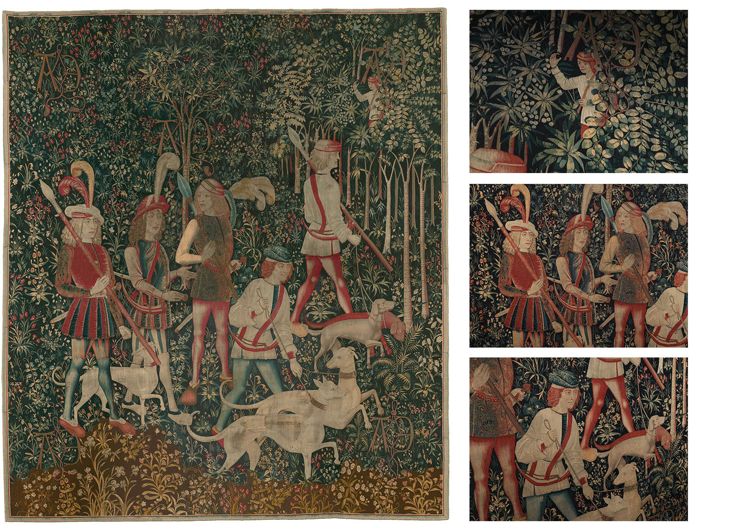 Five hunters enter the woods with their hounds. In the distance, a sixth spots their prey from the top of a tree. Details of the tapestry highlight the hunters’ noble attire—they wear embroidered clothing, plumed hats, tights, and soft shoes.