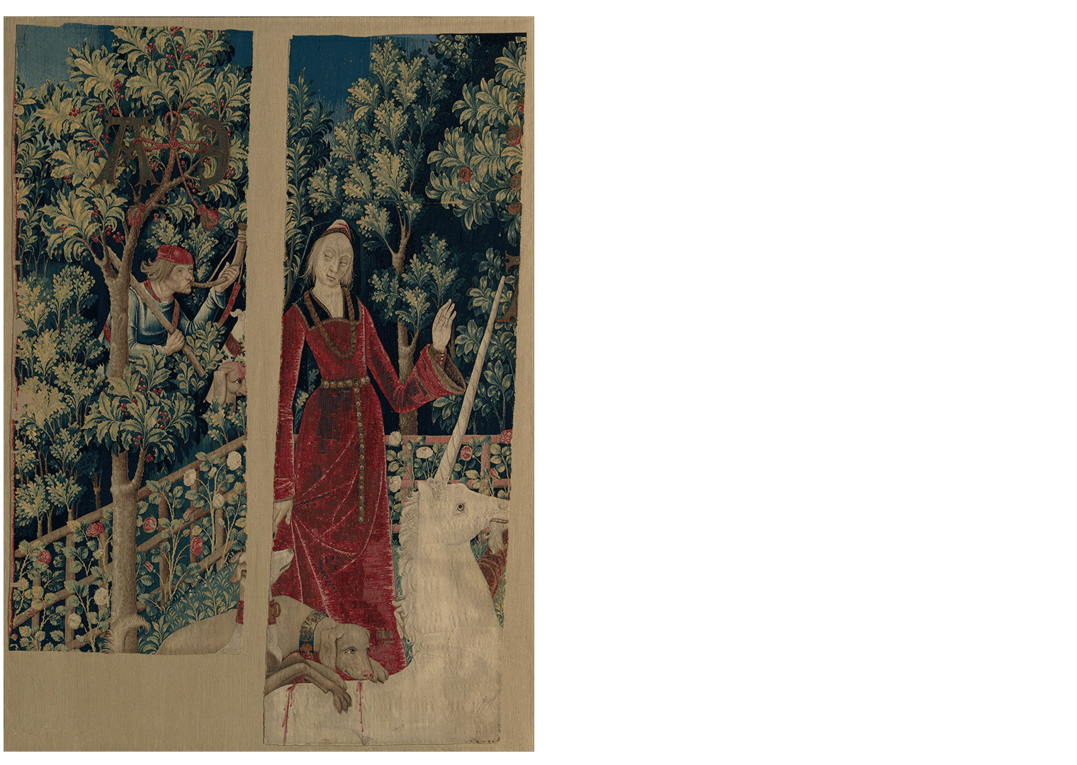 This image contains two fragments of a tapestry. On the left, a man sounds a horn from within the forest. To the right, a noble lady stands with her hand raised over the unicorn, which is kept in place by two hunting dogs.