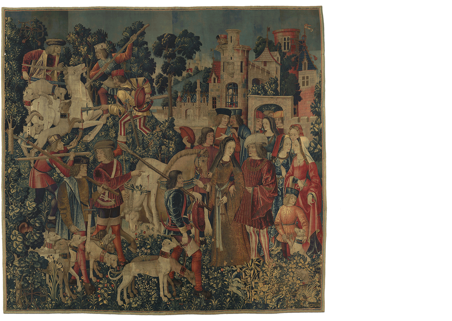 In the final Unicorn Tapestry, the hunting party returns to the castle with the unicorn, their prey. On the left, hunters stab one unicorn, and in the center a second is draped over a horse. Nobles gather around the animal to gawk and point. In the distance, the castle rises over the forest.