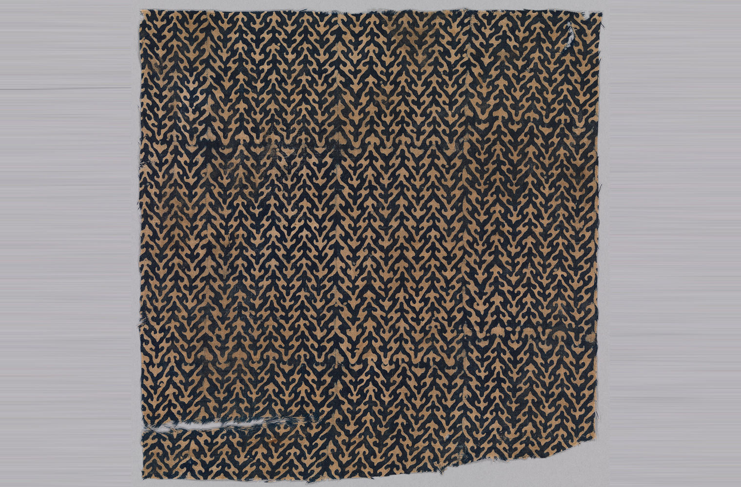 A plain-woven, block-printed, cotton textile fragment.
