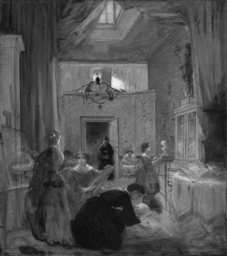 Black and white depiction of six women pursuing the arts of painting, sculpture and drawing in a skylit studio with a seventh student entering the space with a portfolio in hand