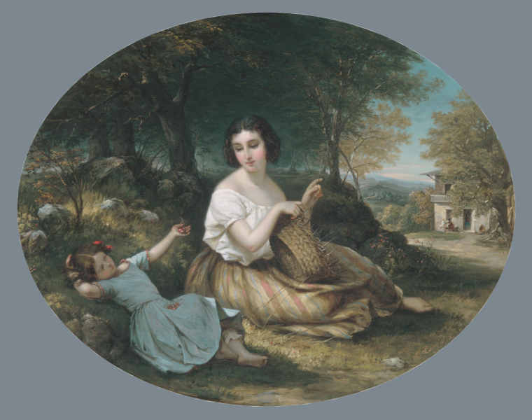 Woman weaving a basket next to a child in a picturesque natural surrounding