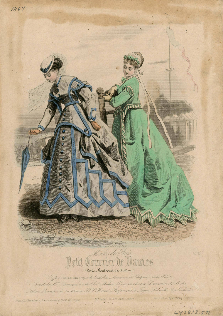 Illustrated plate of two women wearing costumes indicative of the 1860s