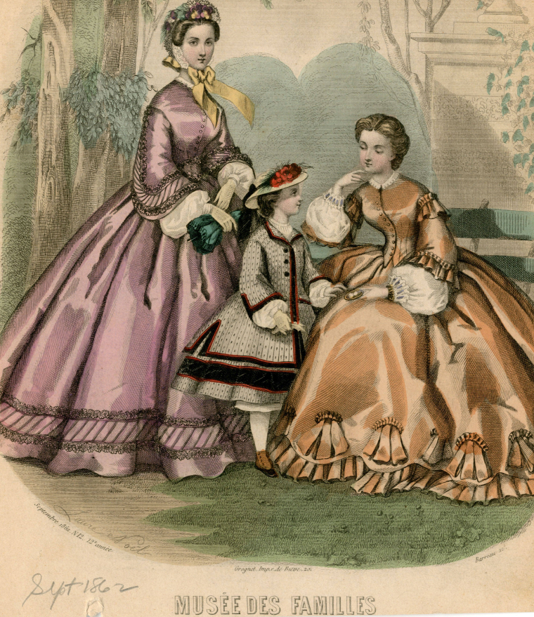 Illustrated plate of two women and a child wearing costumes indicative of the 1860s