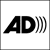 Audio description accessibility symbol. Capital letters AD with three parentheses curving the letter D.