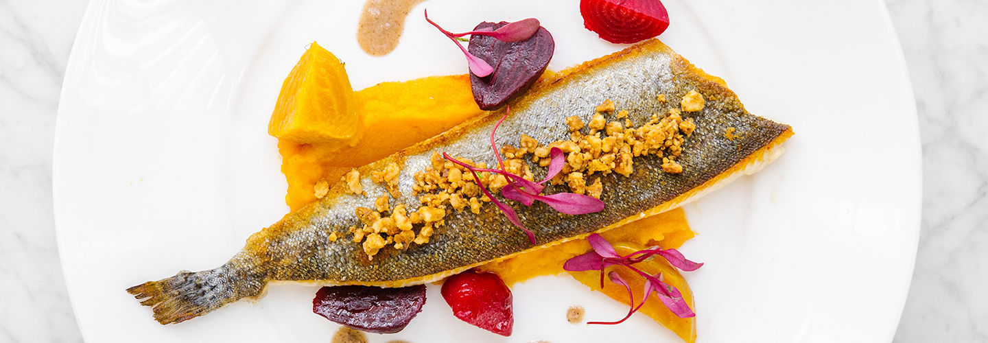 A filet of fish beautifully plated with beets.