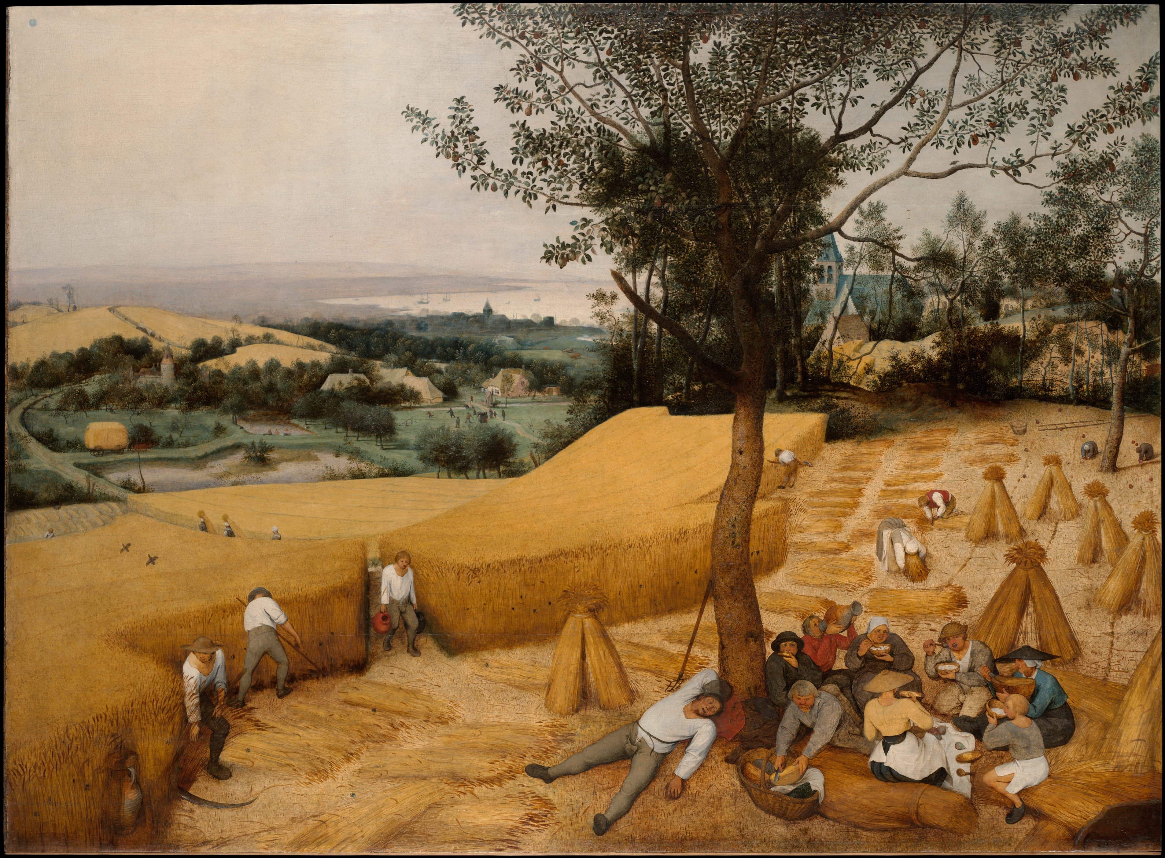 A painting of a group of people lounging under a tree, taking a break from the wheat field behind them. The foreground of the painting is taken up by the wheat field, with fields and a body of water in the background.
