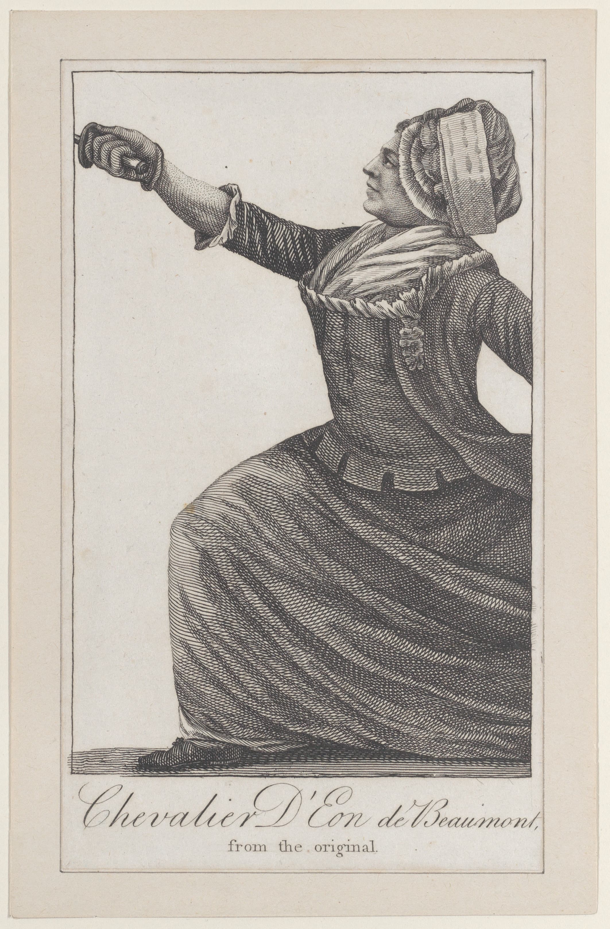 A black etching print on ivory paper depicting the profile of a person in formal 18th century French feminine dress wielding a sword.