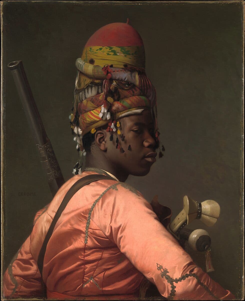 A painting of a figure at center, featured in profile with his body turned toward the viewer. 