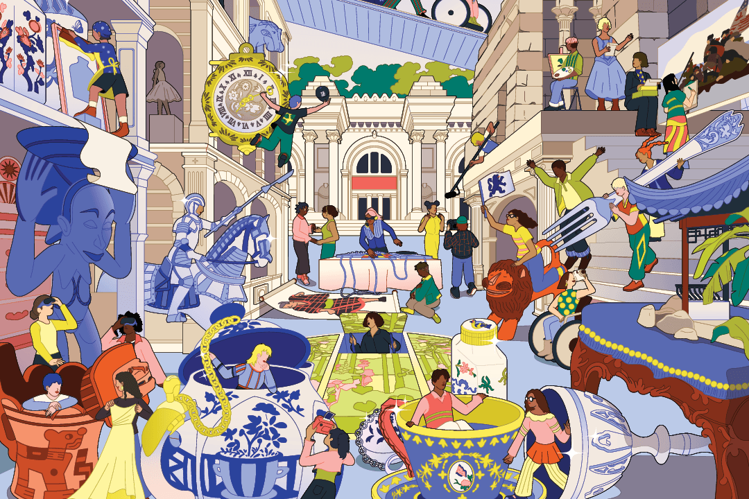 Cartoon illustration of young people participating in a variety of fun activities featured at Teens Take The Met! in a contradictory space that includes The Met's outside facade and interior architectural details.