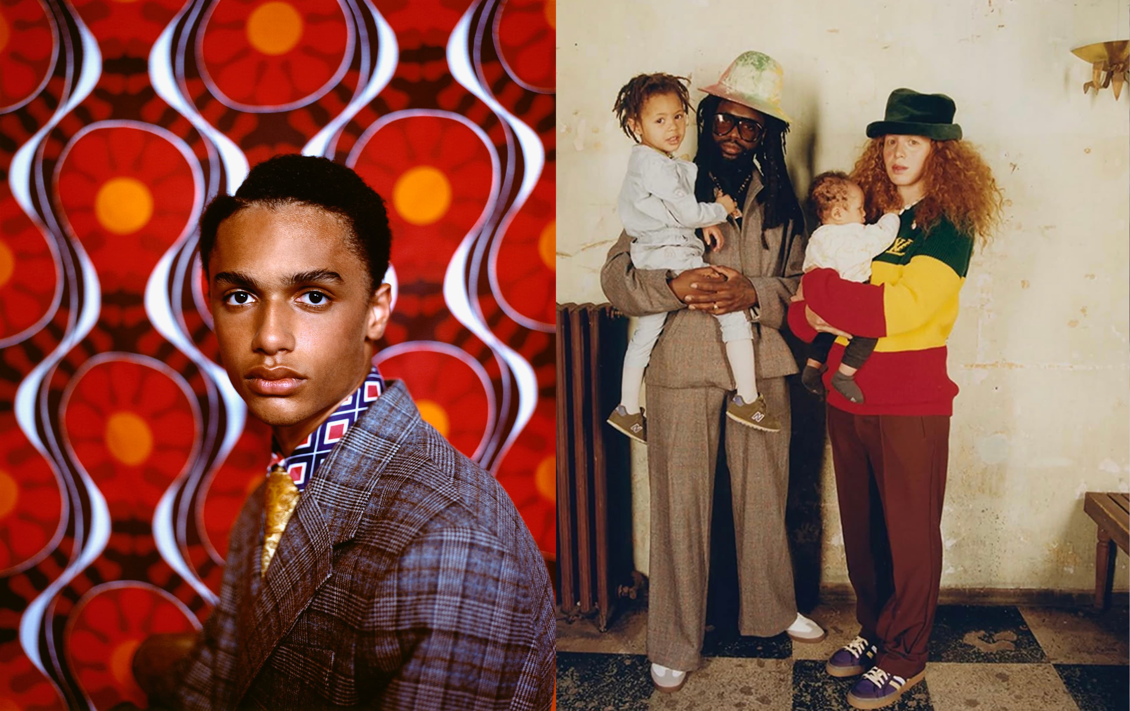 A diptych of portraits: On the left, a close-up of a person’s face staring at the camera. They are wearing a gray plaid suit and sitting in front of a patterned background featuring red with yellow circles and white lines. On the right, two people are standing side by side in a room holding children. The person on the right is wearing a suit with long dark hair. The person on the right is wearing brown pants and a red, yellow, and green striped shirt. They are wearing a green hat and have long red hair.