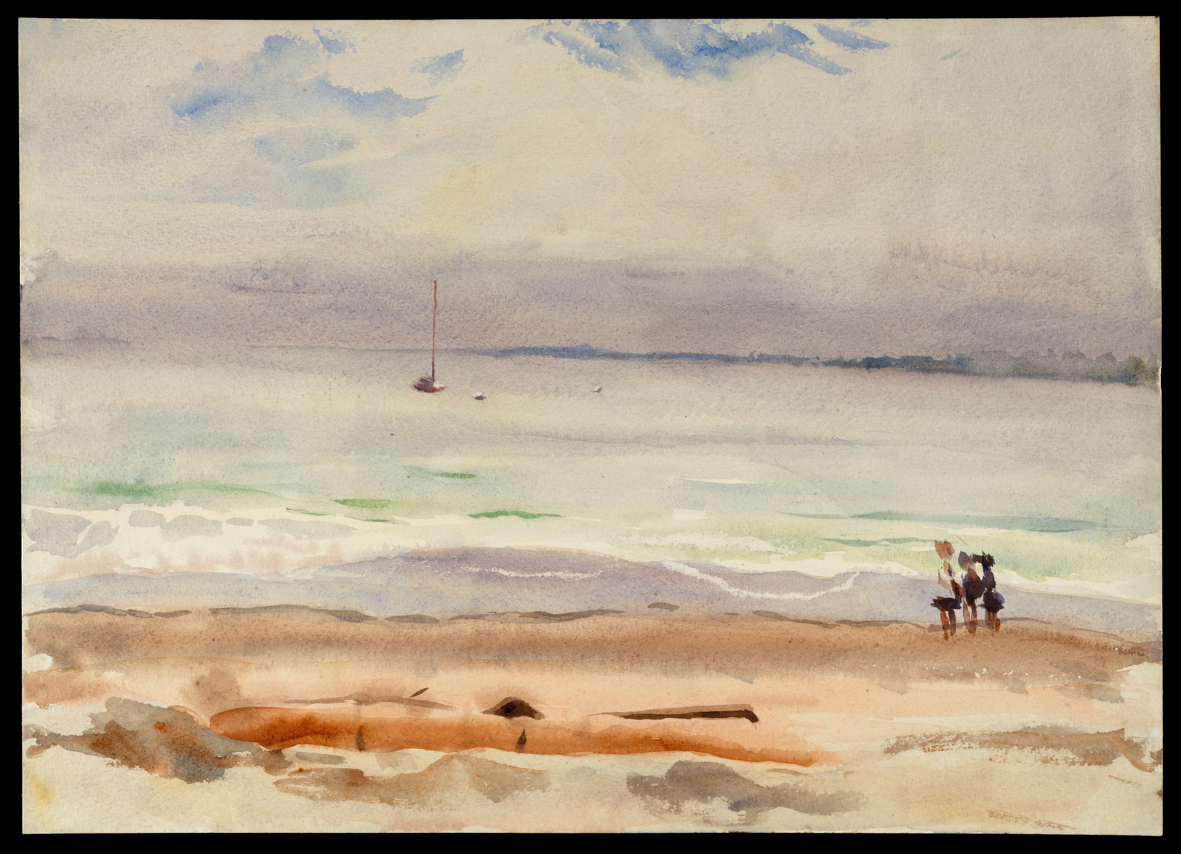 Image of a watercolor painting by Emily Sargent showing a seascape with a boat in the water and figures on the beach.