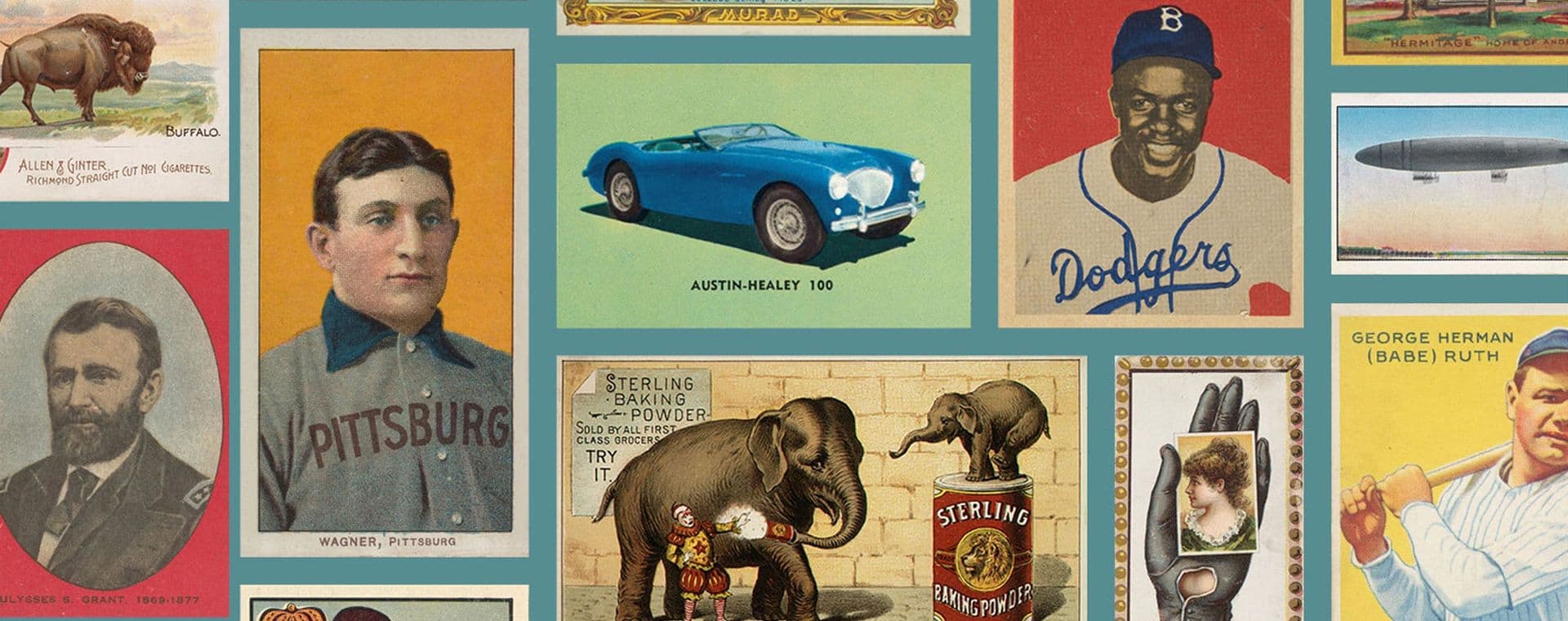 Mosaic of various cards and printed ephemera from the Burdick Collection, including baseball cards, sports figures, and travel/tourism cards
