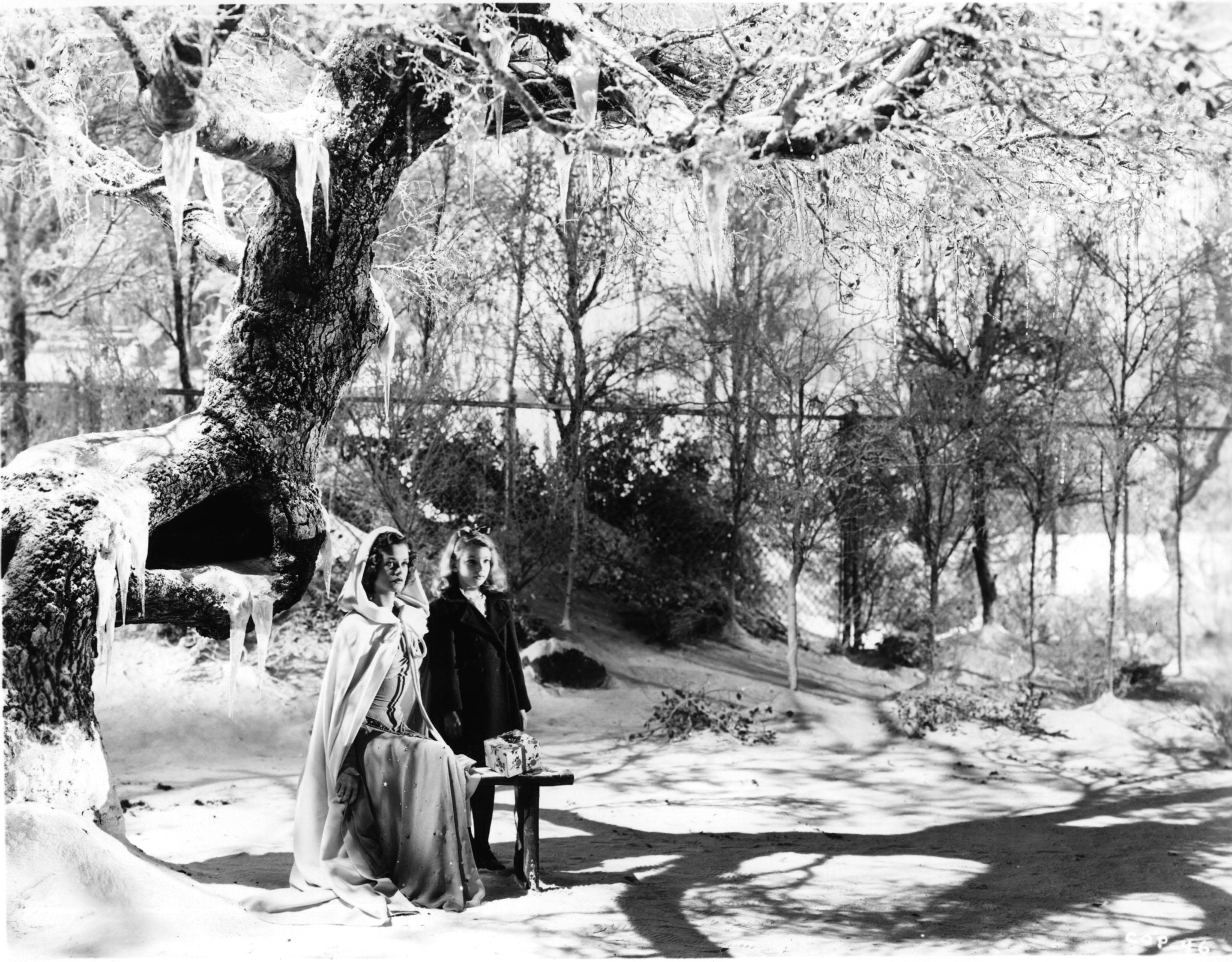 A high contrast black and white image of two girls in the snow. Trees surround them with branches dripping with icicles. They are next to each other. One girl is sitting on a bench, while the other stands behind it, holding a package. They are staring in the same direction. 