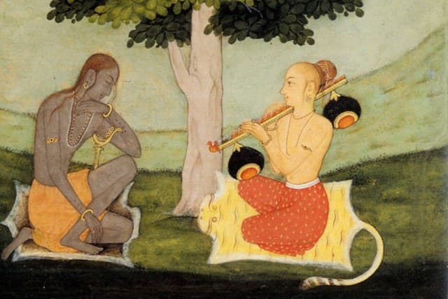 Indian painting with two figures seated on the ground with a tree in the center of them