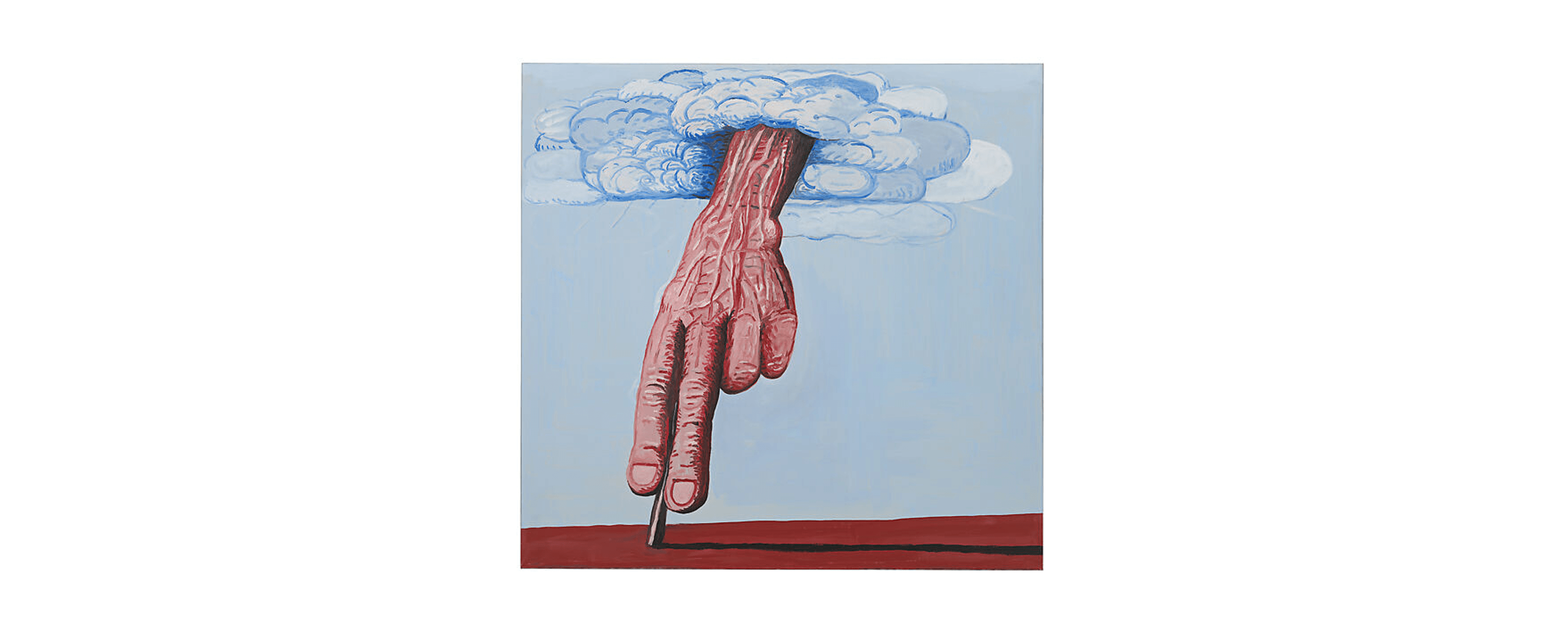 This painting depicts a large hand descending from blue clouds at the top, as if drawing a line across the bottom of the canvas. The background is a light blue, the ground is red, and the line being drawn is black. 