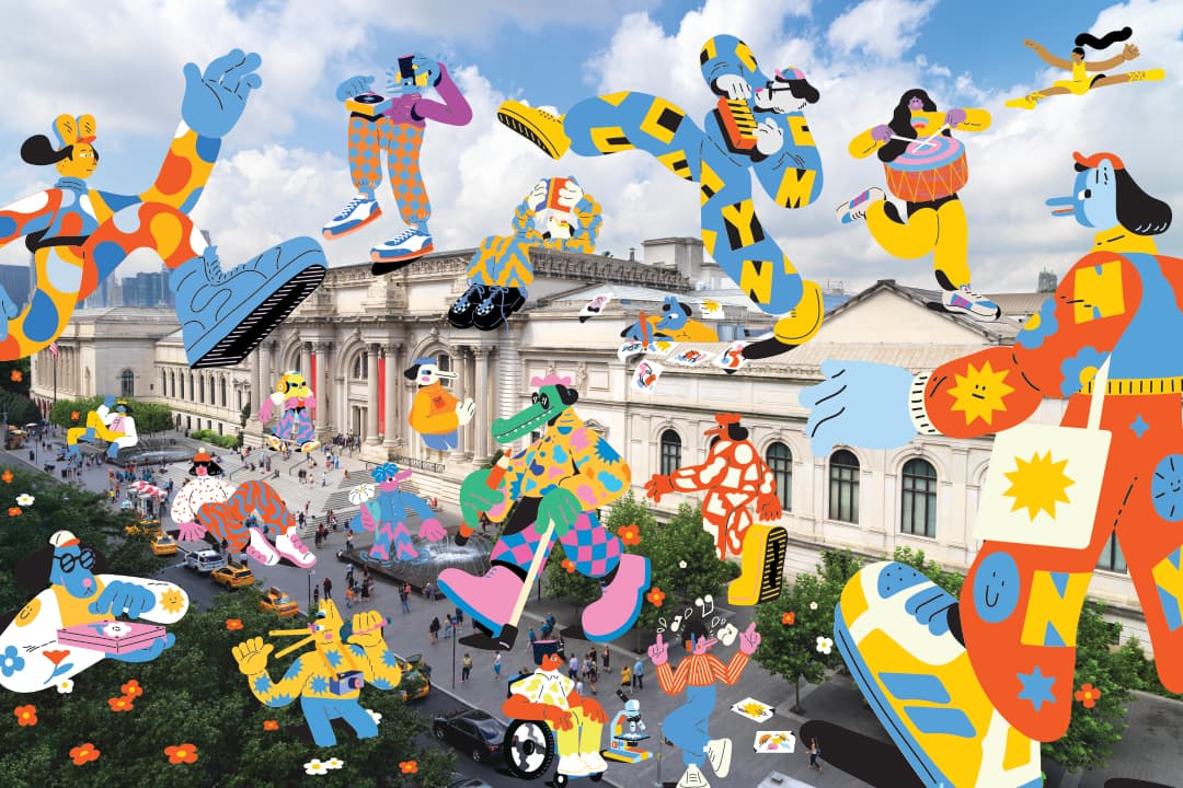 Illustration of colorful figures engaging in activities on The Met plaza.