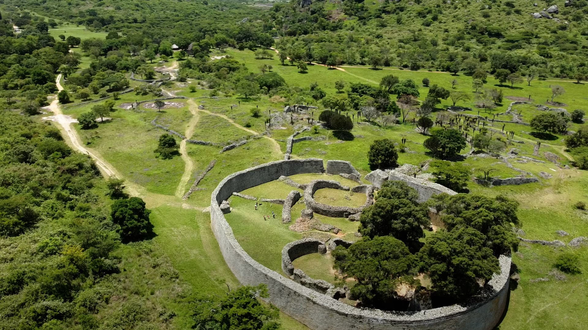 A film still depicting an aerial view of the stone structures of Great Zimbabwe