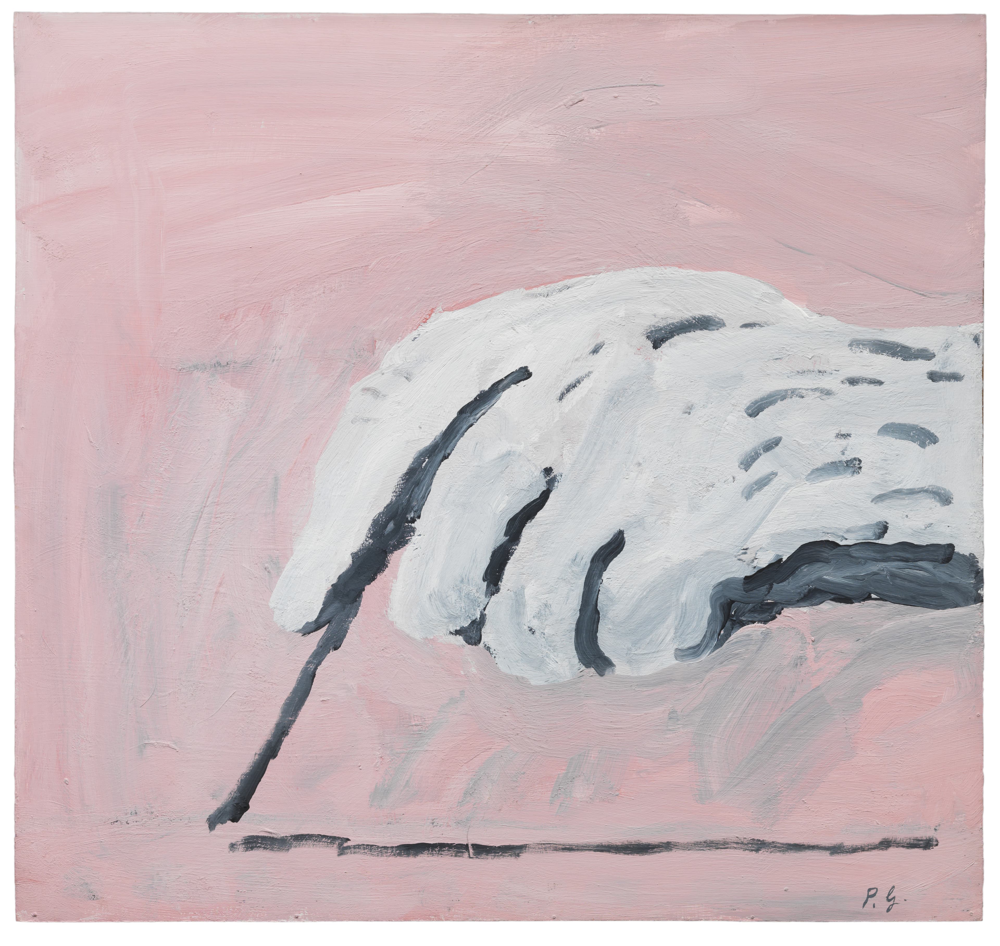 A close-up detail of a hand painted by Philip Guston. The hand is white and is outlined in black paint on a pink background.