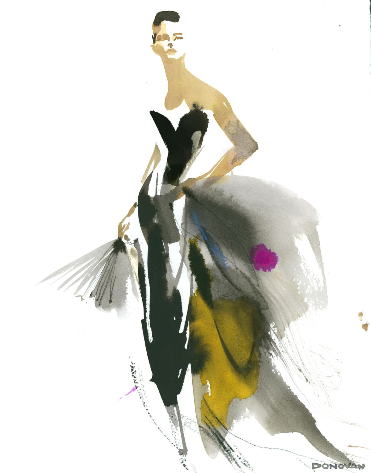 Illustration of a stylish woman wearing a strapless black fitted dress modeled after painter John Singer Sargent’s Madame X.