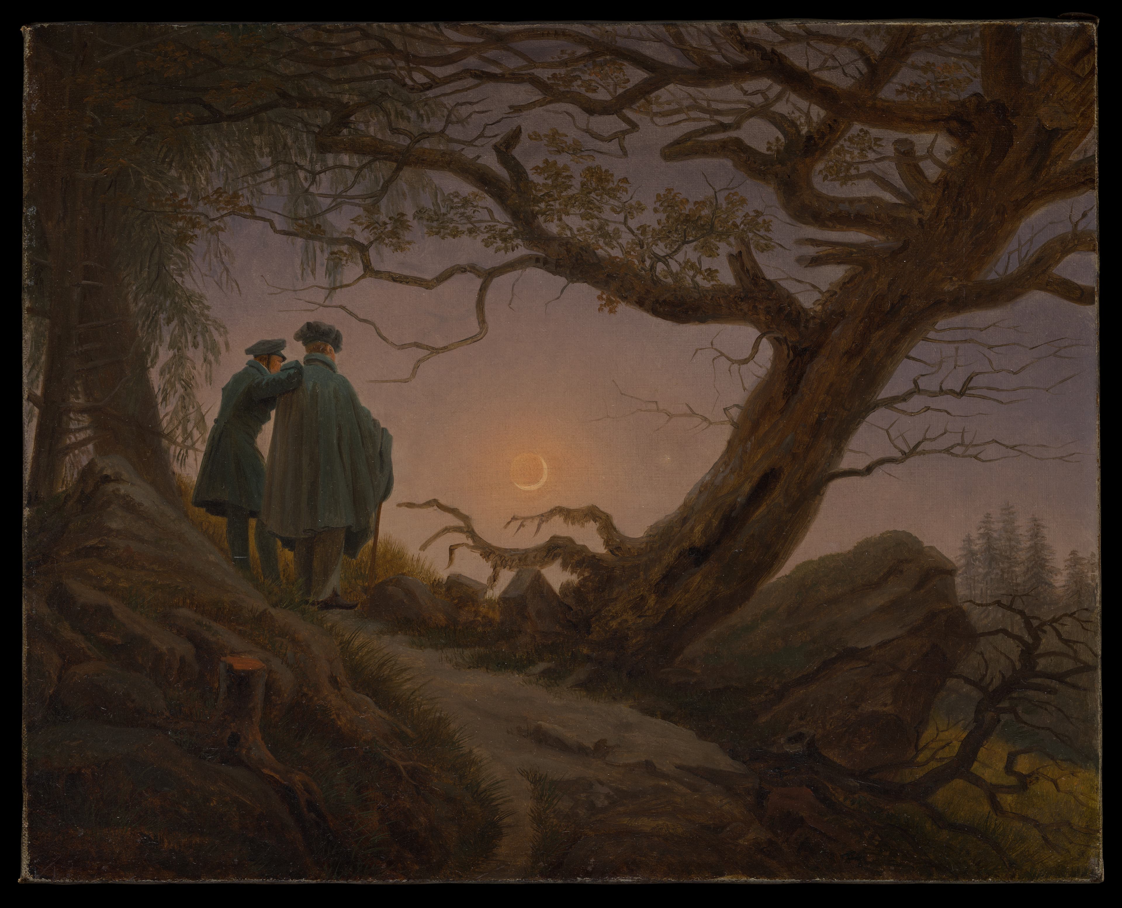 A painting featuring two figures surrounded by trees contemplating the moon at dusk.