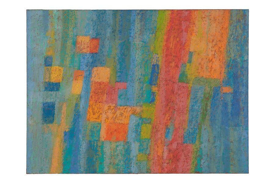 An abstract painting with textured blue, red, orange, and green overlapping rectangles in a vertical pattern. 