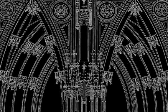 Intricate white Gothic arch designs on a black background, conveying a sense of architectural elegance.