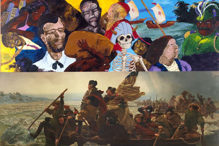 Two images on top of each other. The first features several figures including a skeleton, a woman in a purple dress, and a man with a pot on his back. The second has many men on a boat, and George Washington looking over them all with a wrapped American Flag behind him
