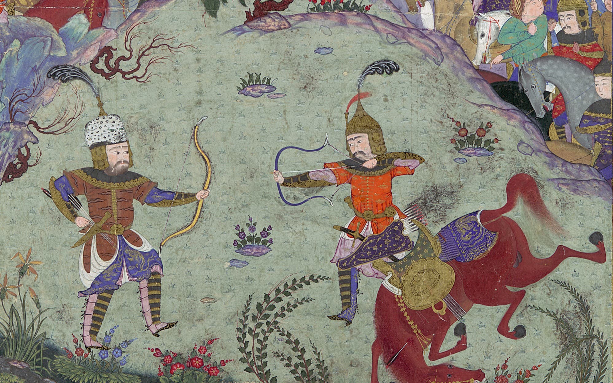  A detail of an illustrated manuscript depicting two male figures dressed in armor facing each other pointing a bow and arrow at one another 