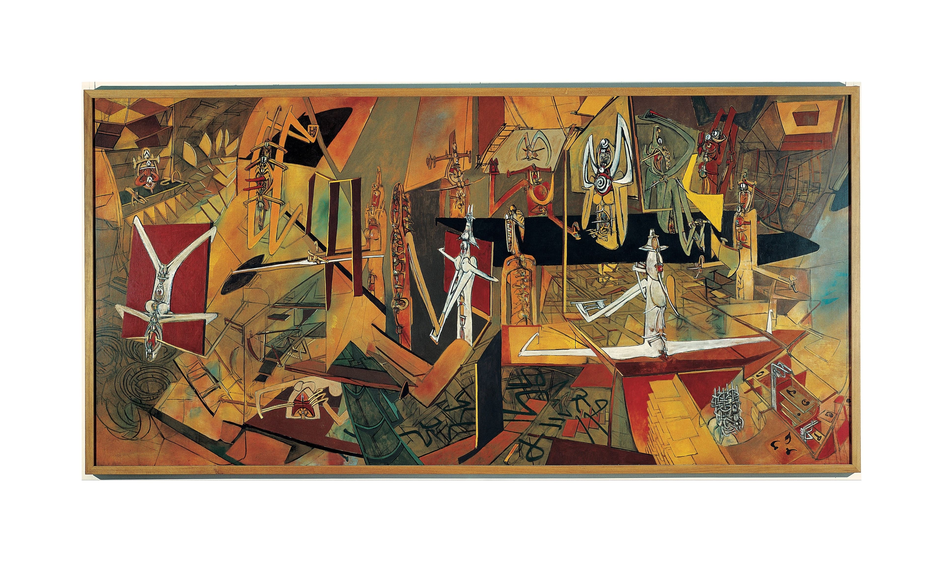 An abstract painting depicting surrealist figures against a red, orange, and yellow background.