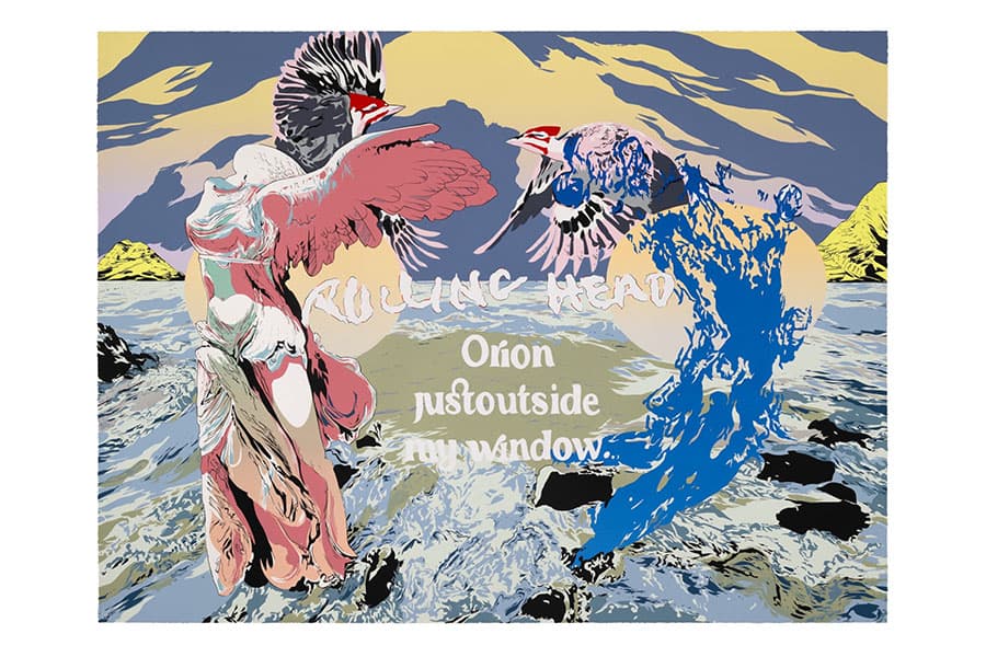 A rendering of Stairway to Victory in white, green, and red and a blue figure with birds at the top on a ocean scene. There are words superimposed that say Rolling Head Orion just outside my window