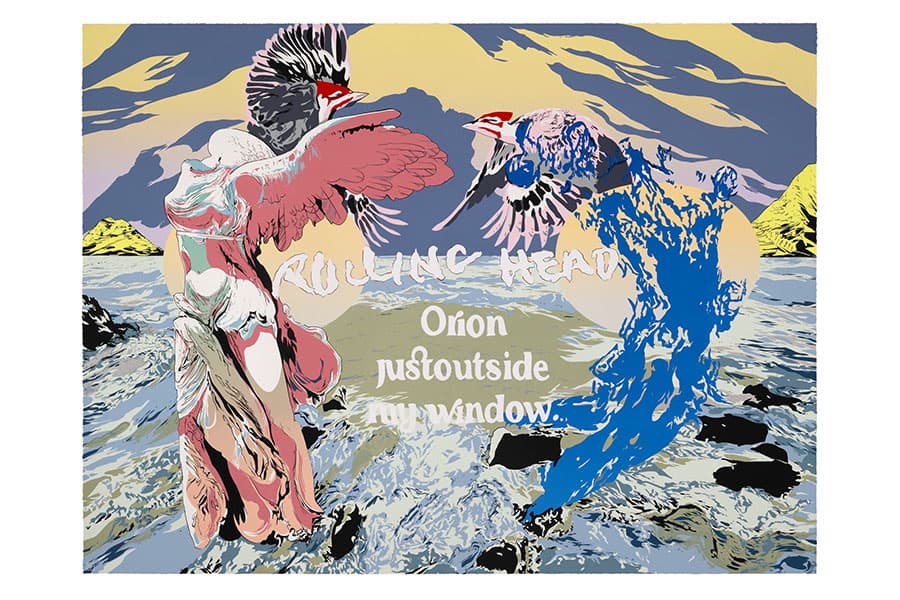 A rendering of Stairway to Victory in white, green, and red and a blue figure with birds at the top on a ocean scene. There are words superimposed that say Rolling Head Orion just outside my window