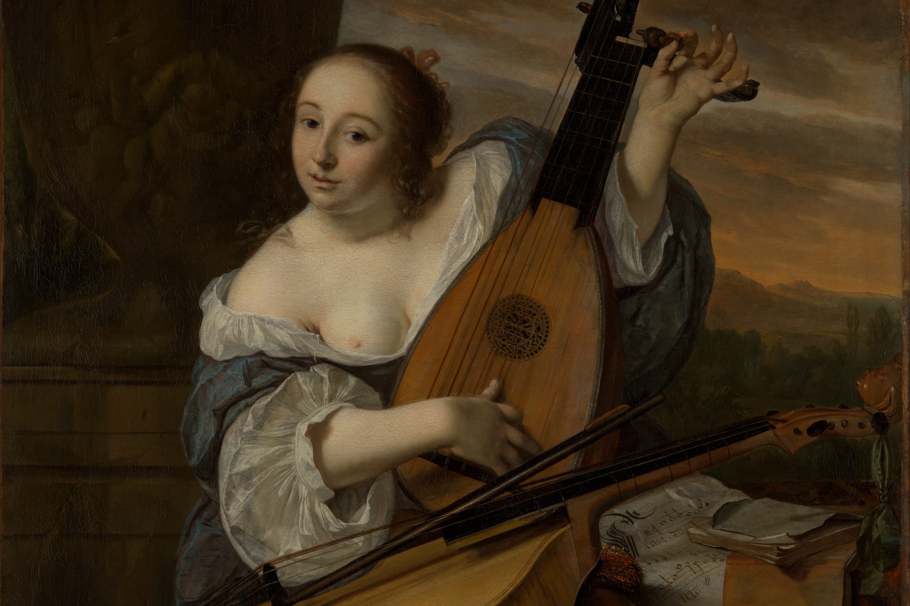 A painting featuring a woman in the center who is holding a lute and looking directly at the viewer.