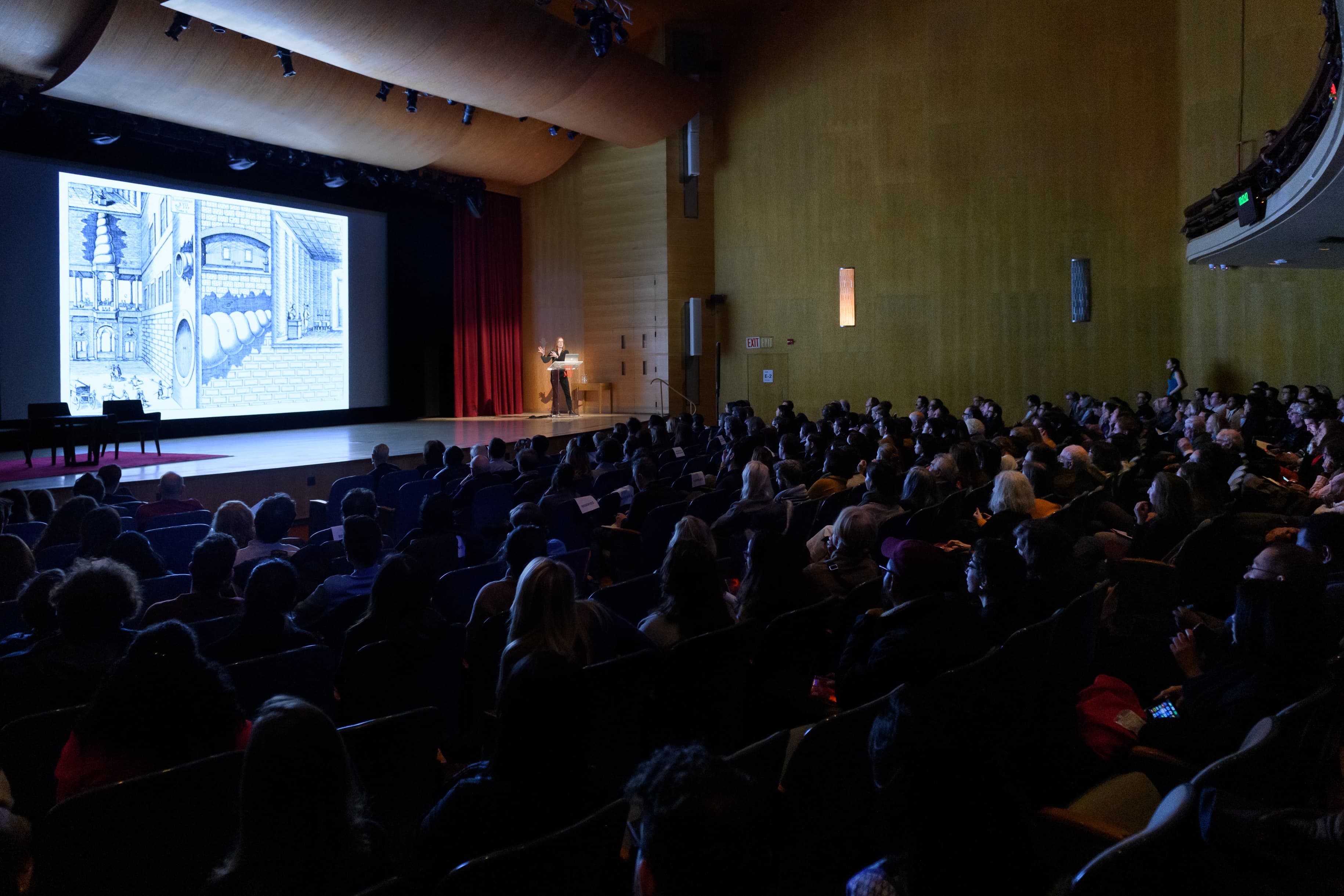 A view from the back of an auditorium with a full audience gazing toward a speaker delivering a lecture on stage with a large projected image of an artwork next to them. 